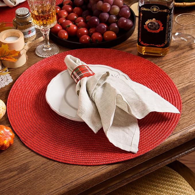 AHHFSMEI Round Braided Placemats 15 Inch Round Table Mats for Dining Tables Natural Woven Heat Resistant Place mats Set of 6(red)