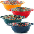 Ceramic Large Soup Bowl with Double Handle 9.5 inch Set of 4,32 oz Embossed Bowl Set for Salad, Oatmeal, Dessert, Pasta, Stew, Dishwasher & Microwave Safe - Colorful