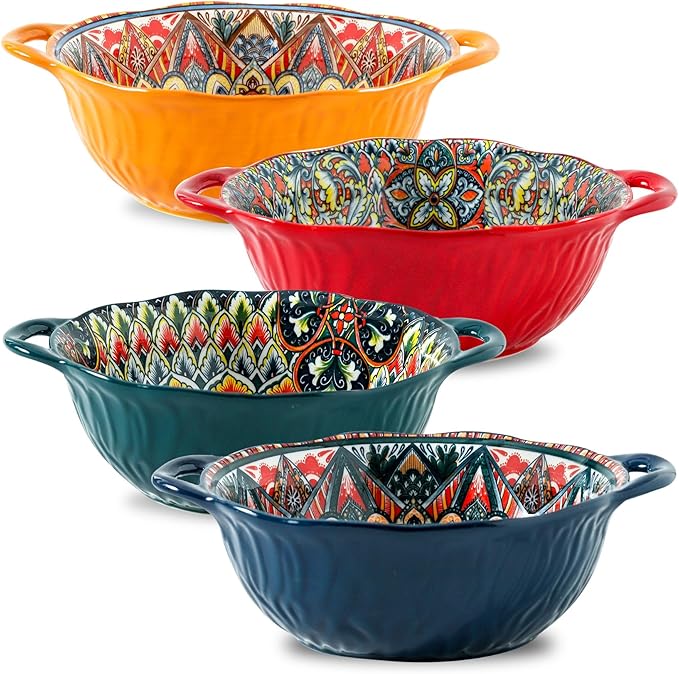 Ceramic Large Soup Bowl with Double Handle 9.5 inch Set of 4,32 oz Embossed Bowl Set for Salad, Oatmeal, Dessert, Pasta, Stew, Dishwasher & Microwave Safe - Colorful