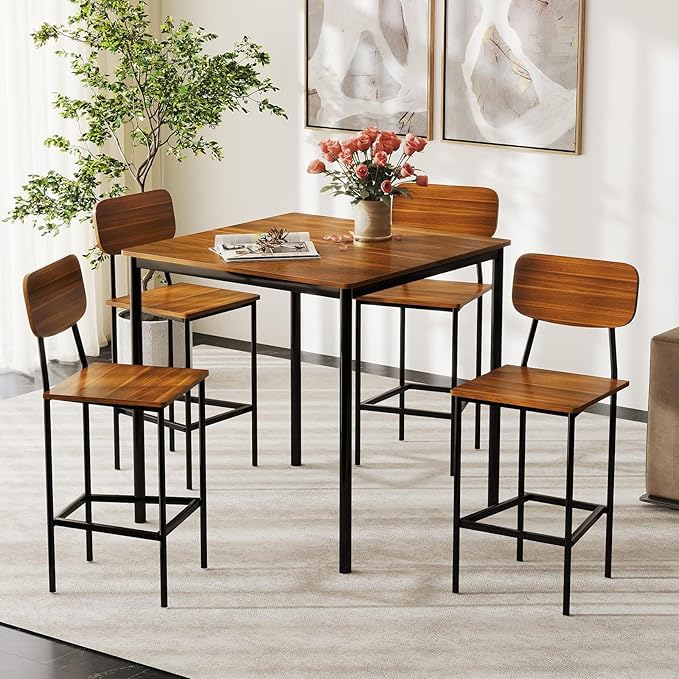 COSTWAY Dining Table Set for 4, 5-Piece Square Kitchen Nook Dinette Set with 4 Bar Stools with Footrest, Backrest, Space-Saving Design, Industrial Kitchen Table and Chairs for Apartment, Brown