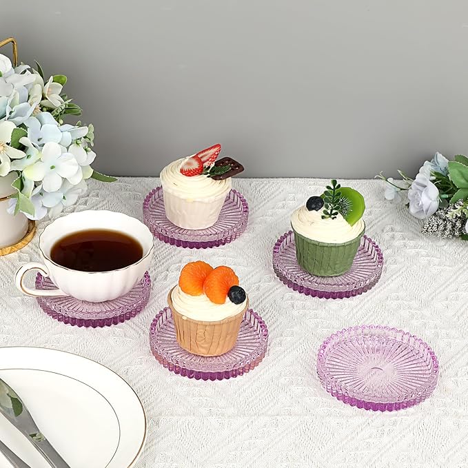 JUXYES 5 Pack Clear Purple Crystal Coasters Round Cup Mat, Glass Coasters for Drinks Coffee Tea Wine, Decorative Wine Bottle Coaster, Crystal Drink Coasters for Restaurant bar Kitchen Dining Table