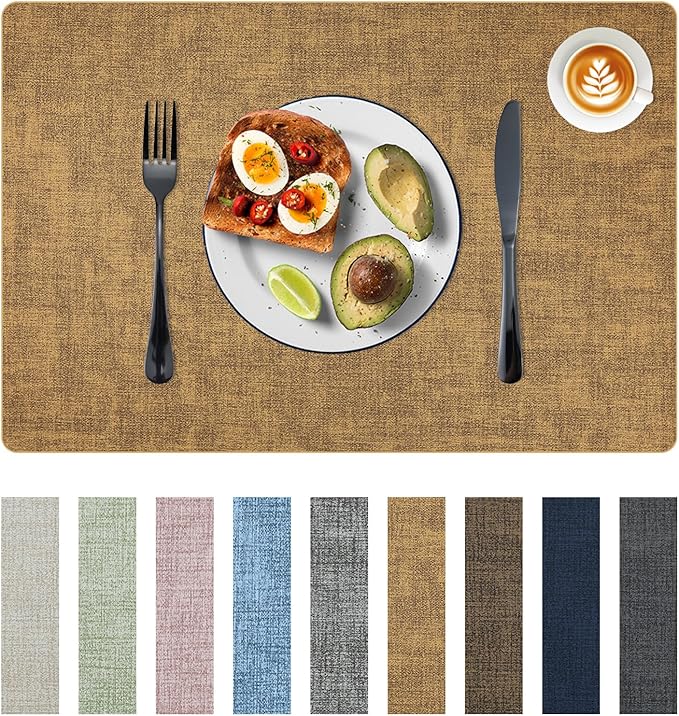 Placemats Set of 6 Faux Leather Heat Resistant Tables Mats Waterproof Oilproof Wipeable Reversible Anti-Slip Place Mats for Kitchen/Dining/Party/Outdoor 11.8" x 16.9", Caramel