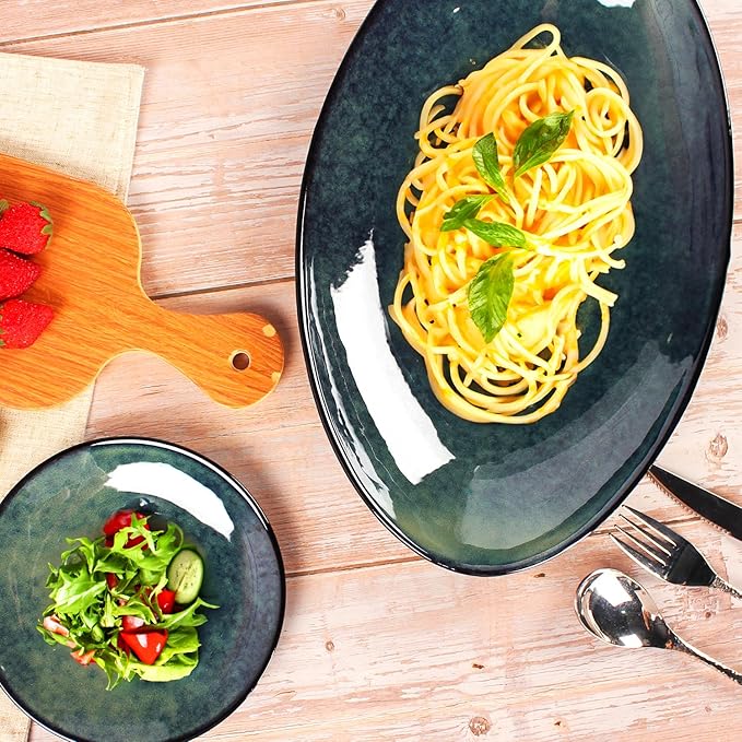 Ceramic Serving Platters Set of 2, 16 Inch Curved Oval Salad Plates for Entertaining, Modern Kitchen Dishes, Trays for Dinner, Fruit, Salad, Pasta, burgers - Dishwasher Microwave Safe