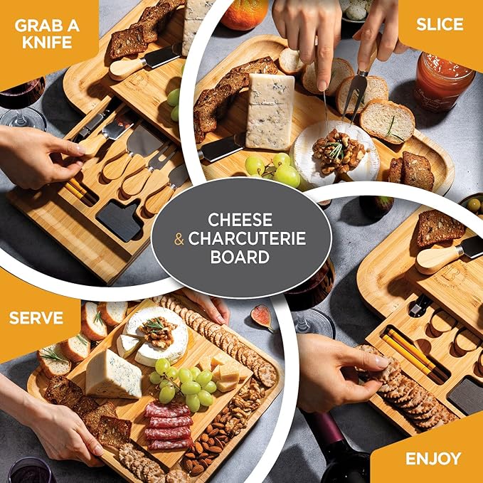 Charcuterie Boards Gift Set by Bambüsi - Large Bamboo Cheese Board for Serving, Entertaining, Cheese Platter for Kitchen, House Warming Gifts New Home, Wedding, Bridal Shower, Birthday Gifts for Women