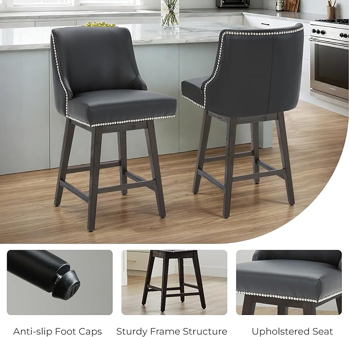 CHITA Counter Height Swivel Bar Stools Set of 2, FSC Certified Upholstered Counter Stools, Modern Swivel Barstools with Wood Legs for Kitchen Island, 26" Seat Height, Faux Leather in Black