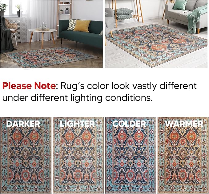 Keen Home Design 5x7 Rug - Machine Washable Area Rug with Non-Slip Backing, Ideal for Living Room, Dining Room, Bedroom - Vintage, Easy Clean, Durable, Low Pile Rug - (5' x 7')