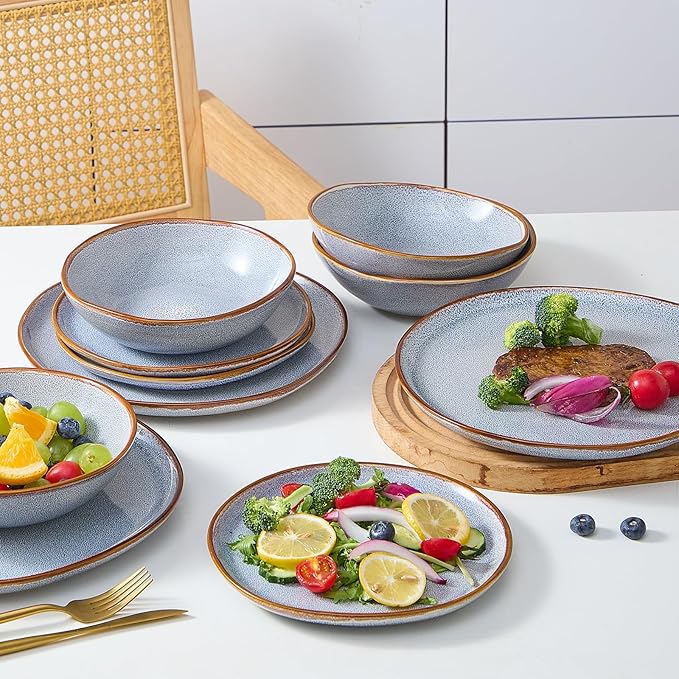 Bestone 12 Pieces Round Kitchen Dinnerware Sets，Plates and Bowls Sets,Dishes, Plates, Bowls, Dish Set, Chip Resistant Ceramic Dinnerware Set, Dishwasher/Microwave Safe,Service for 4,Reactive Blue