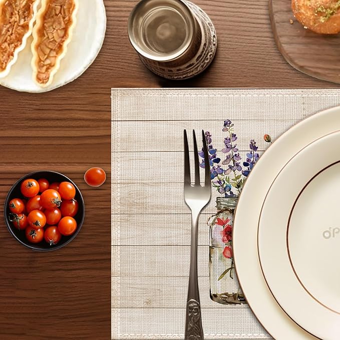 Flowers Placemats Set of 6,Washable Heat Resistant 12×18 Inch Linen Table Mats Fall Floral Place Mats for Party Outdoor Dining Decor