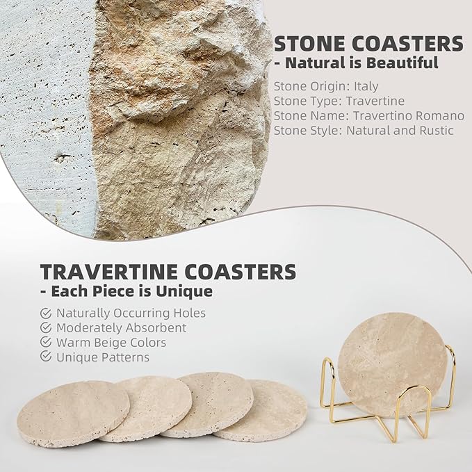 Italian Travertine Coasters Set of 5 with Holder, Round Beige Marble Drink Coasters for Coffee Table Decor Housewarming Gift, Unique Natural Stone Absorbent Coaster for Surface Protection