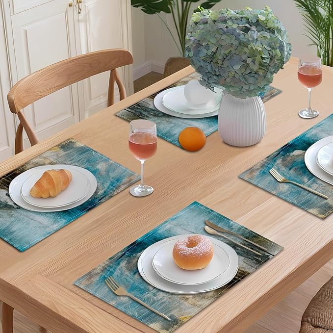 Teal Placemats Set of 4 Turquoise Black Place Mats Indoor Modern Abstract Art Linen Table Placemats Washable Wipeable Waterproof Kitchen Place Mats for Dining Tables, 18 X 12 Inch
