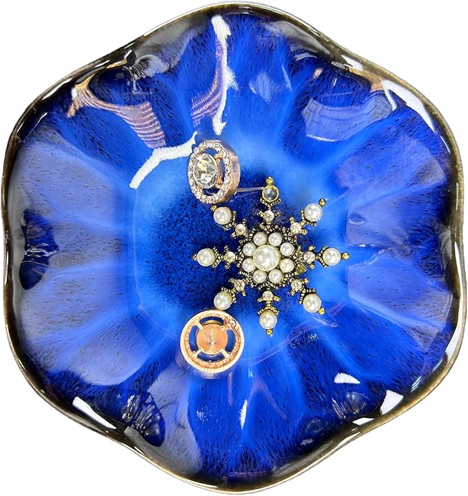 Jewelry Dish Tray - Ceramic Trinket Tray for Rings, Keys, Earrings | Decorative Key Bowl for Women, Gift for Friends, Sisters, Daughter, Mother, Lotus leaf shap, Jewelry Trays (Deep Blue)