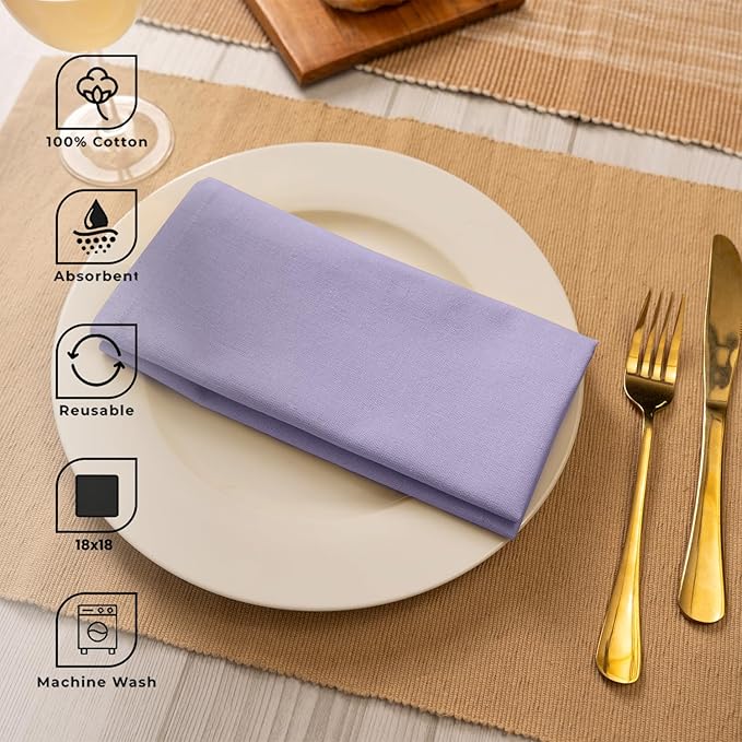Blue Needles Solid Cloth Napkins Set of 12 Lavender 100% Cotton Dinner Napkins 18x18 inches - Soft, Reusable, Absorbent & Washable Linen, Ideal for Wedding Events, Parties & Everyday Use