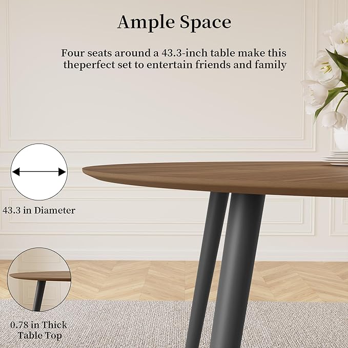 43.3 Inch Round Dining Table Set for 4, Modern Small Kitchen Coffee Set for Dining Room Kitchen Apartment (Walnut Table + 4 Grey Chairs)