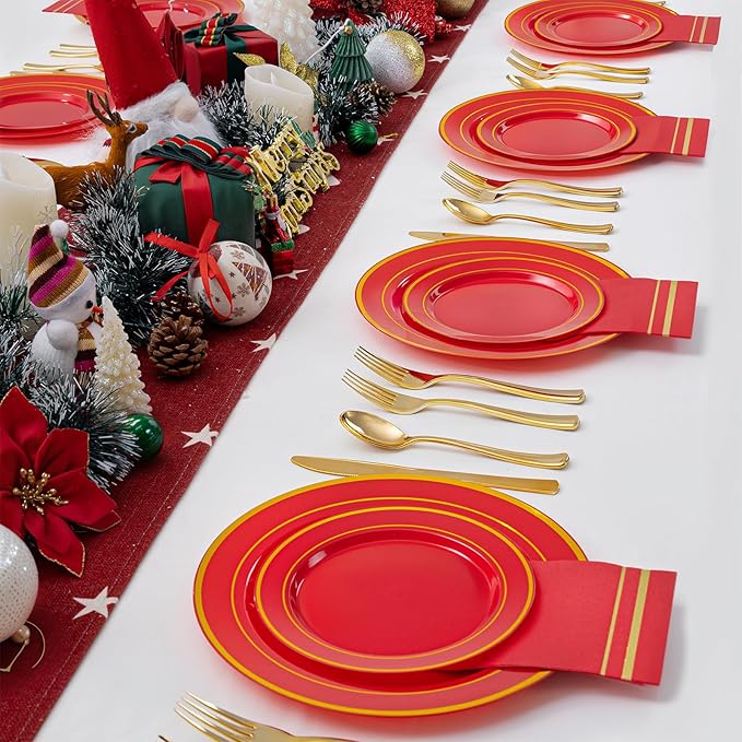 NOCCUR 200PCS Red Plastic Plates for 100 Guests - Include 100PCS 10" Dinner/ 100PCS 7" Dessert Plastic Plates Heavy Duty - Ideal for Wedding/Party/Valentines Day