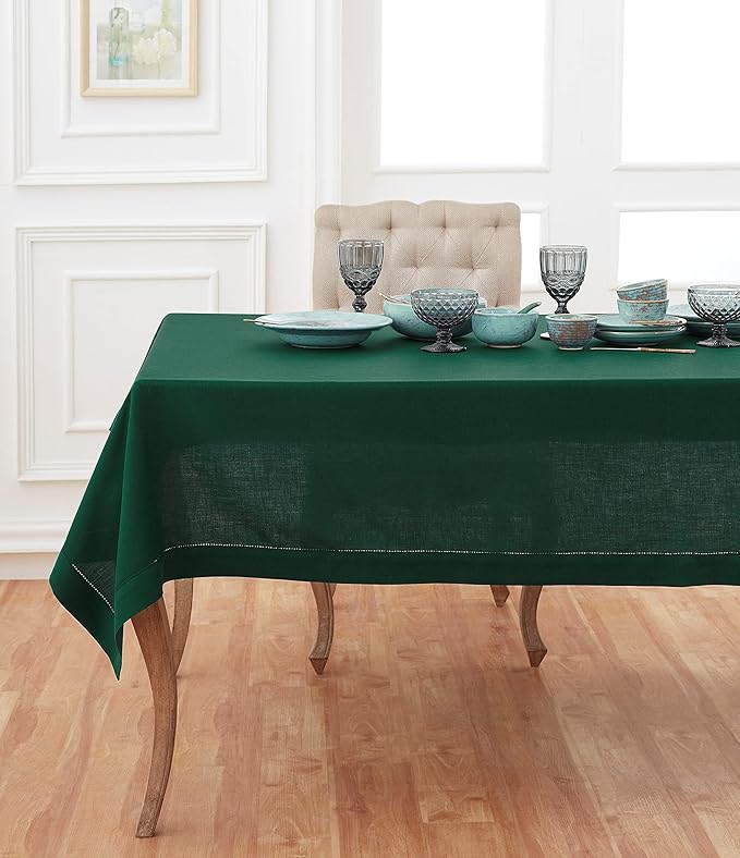 Solino Home Rainforest Green Linen Tablecloth 52 x 52 Inch - 100% Pure Linen Square Table Throw - Classic Hemstitch, Machine Washable Table Cloth for Winter, St Patricks Day
