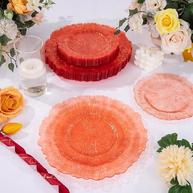 U-QE 60PCS Clear Orange Plates - Reef Orange Plastic Plates Disposable&Reusable - Heavy Duty Plastic Plate Including 30 Dinner Plate 10" & 30 Dessert 7" Perfect for Party