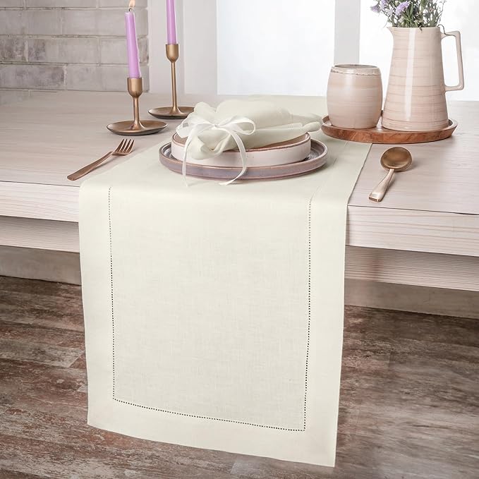 D'Moksha Homes Linen Ivory Table Runner 36 Inches - 100% Pure Linen Small Table Runner 14 x 36 Inch Ideal for Dresser, Coffee Tables, Valentines, Spring, Easter - Classic Hemstitch