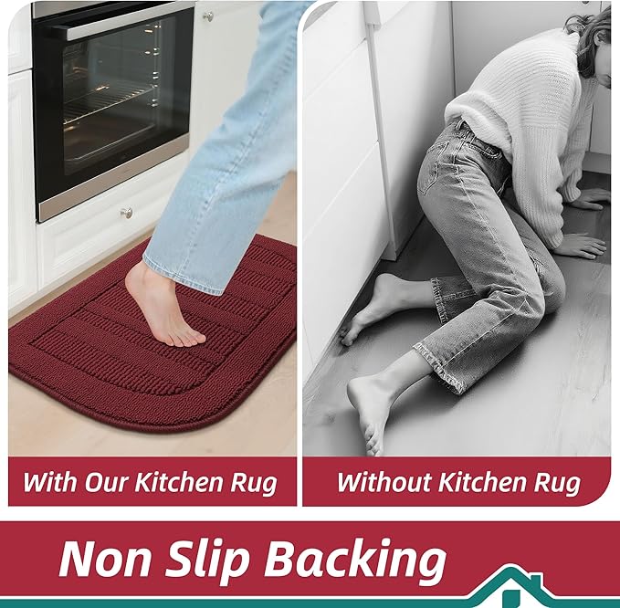 BEQHAUSE 24x36 Inch Kitchen Rug Mat Durable Kitchen Rugs Non-Slip Washable Absorbent Kitchen Mats for Floor Dirt-Resistant Semicircular Kitchen Mat (Red)