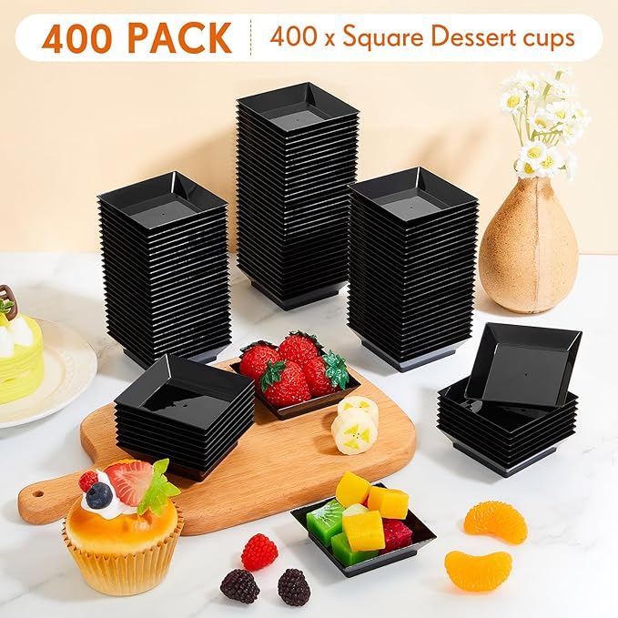 400 Pieces Mini Square Dessert Plates 2.5 x 2.5 Inch Disposable Appetizer Plates Small Clear Plastic Dish for Dessert Salad Appetizer Sauces Tastings Cake Wedding Party Serving (Black)