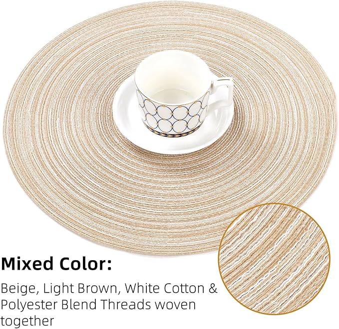 SHACOS Round Braided Placemats Set of 4 Round Table Mats for Dining Tables 15 inch Washable Kitchen Table Place Mats Indoor (Beige, 4)