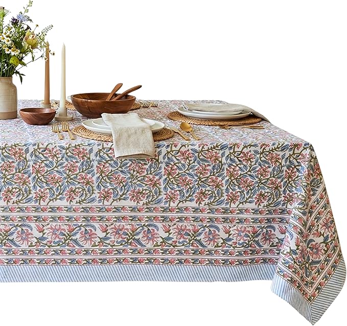 ATOSII Kalina 100% Cotton Fall Rectangle Tablecloth, Handblock Print Floral Table Cloth for Kitchen Dining Linen I Weddings Outdoors Easter Spring Summer I 72 X 108 Inches I 8 Seater