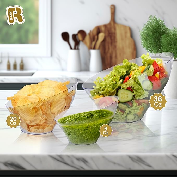 R-kay 6 Pack Angled Clear Serving Bowls - Small Plastic bowls 6 oz - Premium Plastic Serving Bowls Heavy Duty For Weddings Catering, parties, And All Occasions (Clear, Small)