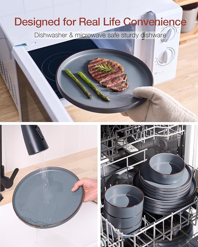 Famiware Nebula Ridge Stoneware Dinnerware Sets for 8, 24 Pieces Plates and Bowls Sets, Dishes Set, Microwave and Dishwasher Safe Kitchen Plates, Charcoal