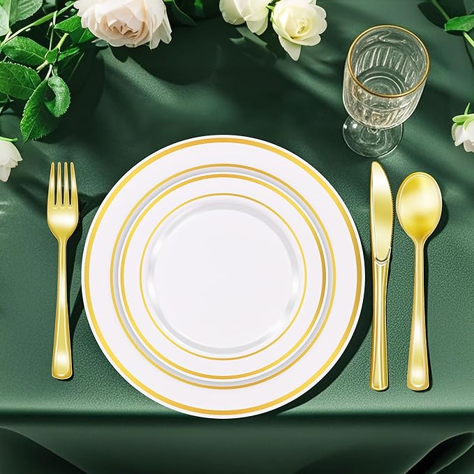Zcaukya 100PCS Gold Plastic Plates, Disposable Plastic Dishes with Gold Rim in Bulk, 50 Pcs Each 10.25 Inch and 7.5 Inch for Dinner, Birthday and Wedding