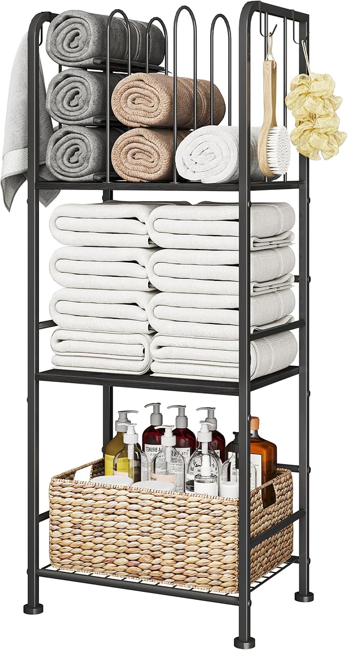 Standing Towel Racks for Bathroom 3-Tier, Durable Metal Towel Rack Stand, Pool Items Holder, M-Shaped Detachable Dividers for Towel Storage, Space-Saving Storage Organizer Black, Patent Pending