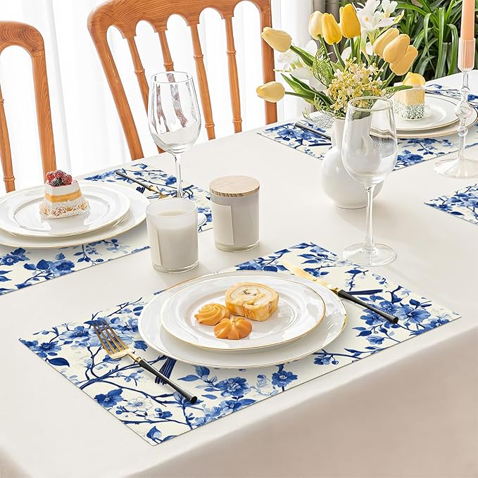 Flower Bird Placemats Set of 4, Blue Birds Place Mats,Blue and White Floral Waterproof Washable Table Mats for Home Party Indoor Kitchen Dining Table Decoration 12x18 Inch