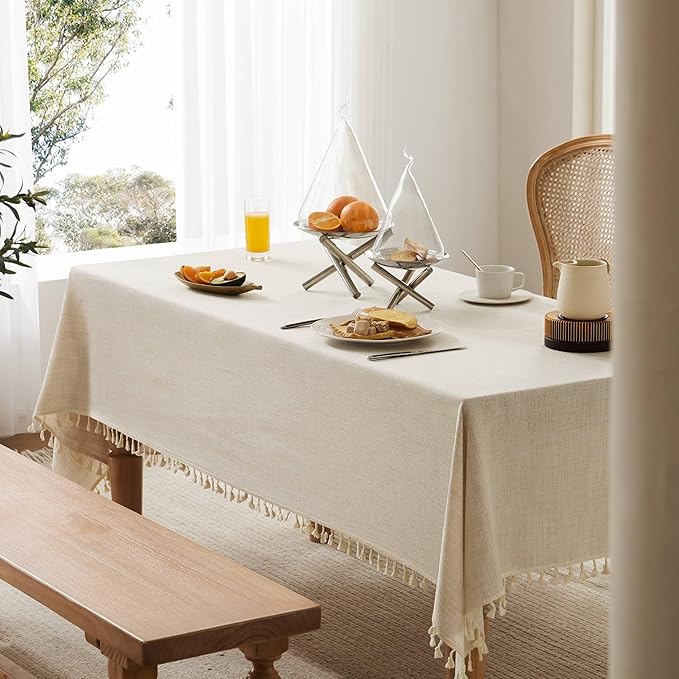 Linen Tablecloth with Tassels, Farmhouse Style Light Beige Tablecloth, Water Resistant Burlap Tablecloths for Rectangle Table, 60x84 Inch Light Tan