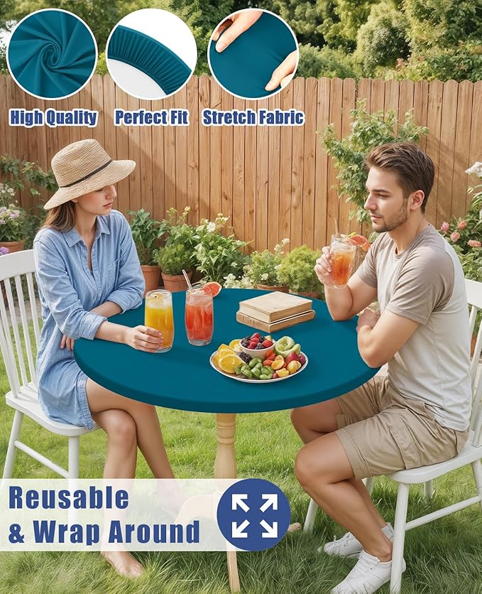 Round Spandex Tablecloth, Elastic Fitted Waterproof Tablecloths for 18"-24" Tables, Stretch Washable Picnic Table Cover for Camping, Dining, Indoor and Outdoor,Peacock Blue
