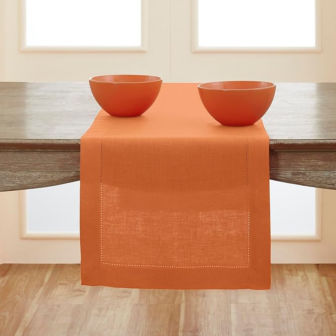Solino Home Linen Pumpkin Table Runner 132 Inches Long - 100% Pure Linen Extra Long Table Runner 14 x 132 Inch - Classic Hemstitch