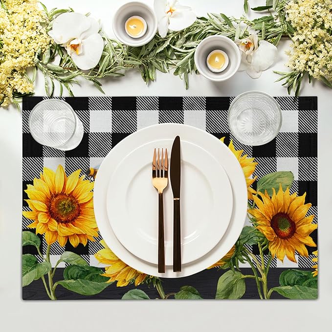 Sunflower Placemats Set of 4 - Buffalo Plaid Place Mats 12x18 Farmhouse Table Mats Spring Summer Kitchen Mats for Party Dining Table