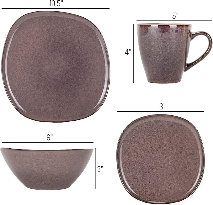 Elanze Designs 16-Piece Modern Luxury Chic Smooth Vintage Handmade Shape High Gloss Ceramic Stoneware Square Plate Mug & Bowl Kitchen Dinnerware 16 Piece Set - Service for 4, Plum Purple