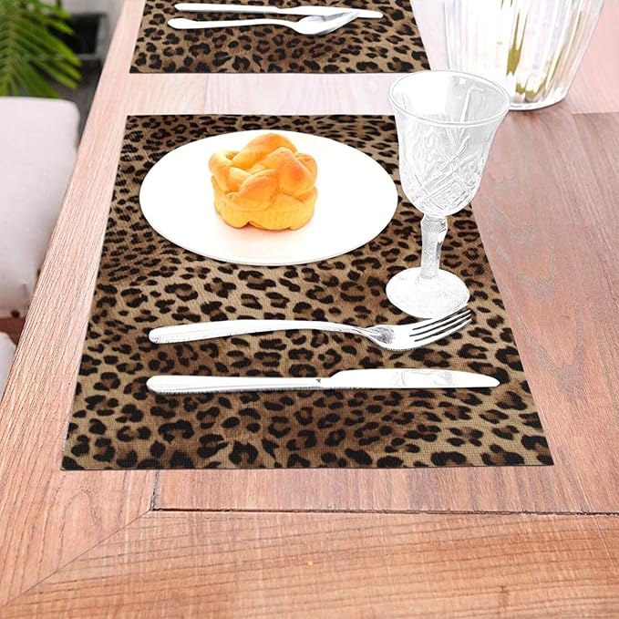 Brown Leopard Placemats Set of 6 Black Cheetah Skin Wild Animal Print Wipeable Table Mats Reusable Washable PVC Rectangle Place Mats for Kitchen Dining Home Decor 12x18 Inches