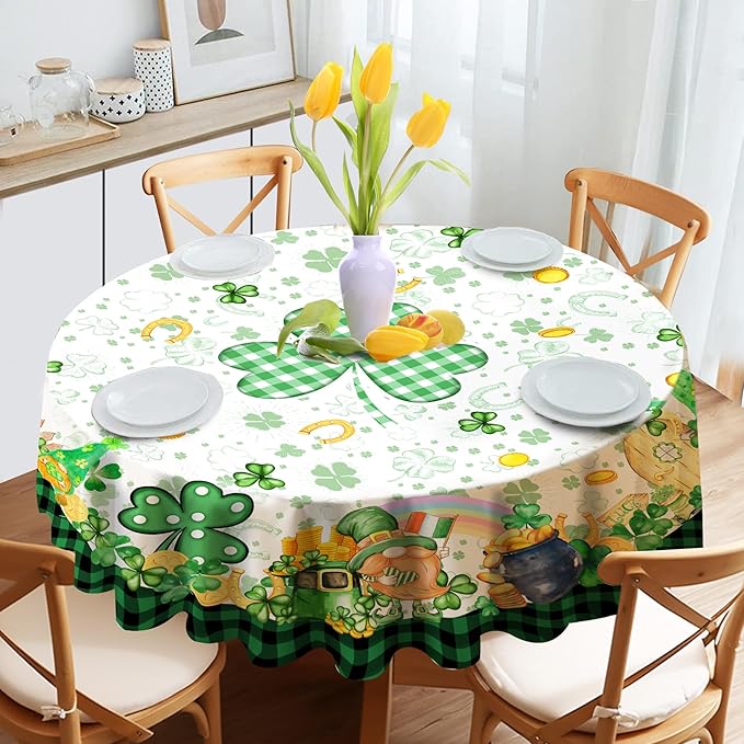 St. Patrick's Day Round Tablecloth, 70 Inch with Shamrock Gnome, Buffalo Check Plaid Kitchen Table Cover for Dining Room Indoor Decor