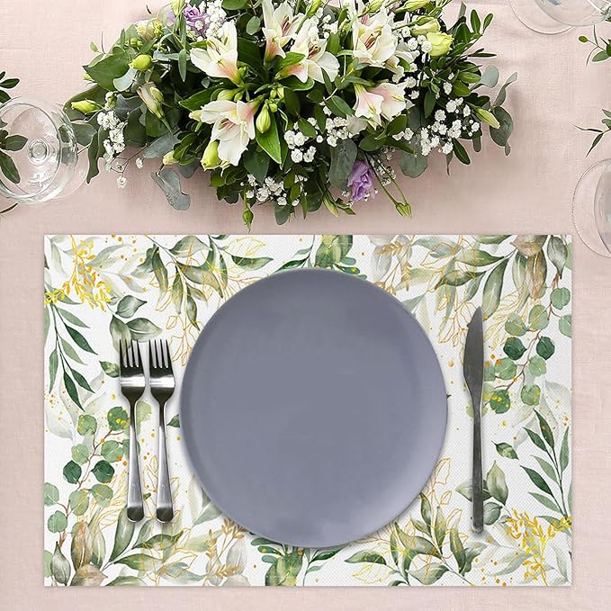 AOFOTO Watercolor Leaves Printed Placemats Set of 4 Spring Sage Green Gold Leaves Place Mats Washable Rectangular Table Mats for Party Home Kitchen Restaurant Dining Table Decor 12x18 Inch