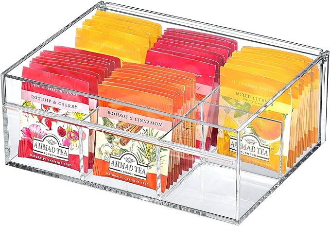 Amazing Abby - Tea-Rrific - Acrylic 6-Compartment Tea Bag Organizer, Clear Plastic Tea Box, 6-Slot Tea Chest, Perfect Tea Storage Solution for Kitchen Cabinet, Countertop, Pantry, and More