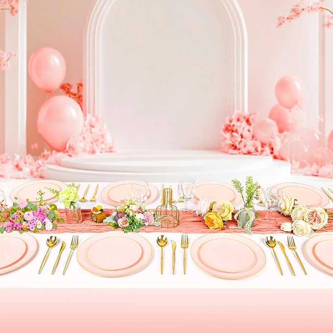 I00000 150 PCS Pink Plastic Plates for Party,Heavy Duty Pink Disposable Plates,Gold Dinnerware Set Include 30 Dinner Plates,30 Dessert Plates,30 Gold Plastic Silverware Set for Valentine's Day