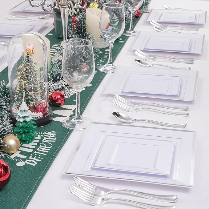 Liacere 100PCS White and Silver Square Plastic Plates - 50PCS Heavy Duty 9.5inch White Dinner Plate and 50PCS 6inch Dessert Plates-Silver Disposable Plate for Party＆Wedding＆New Year&Chrismas