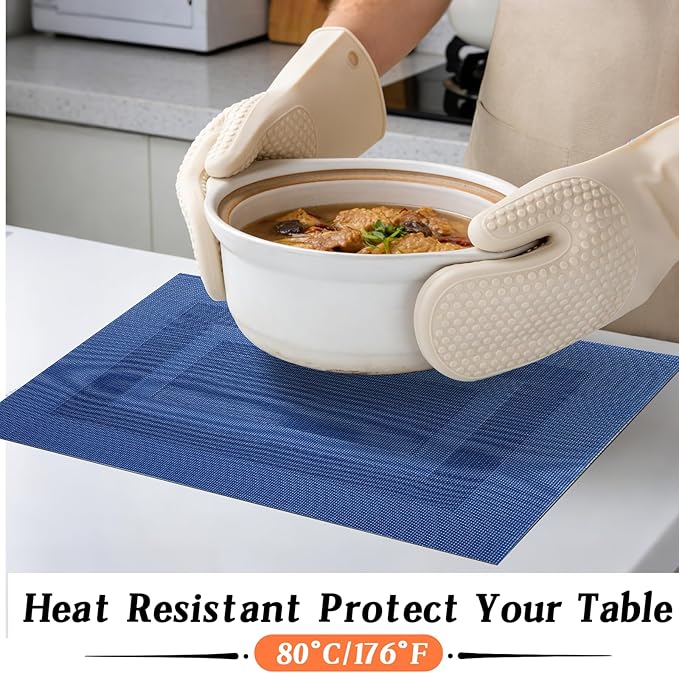 Timeet Blue Placemats Set of 6, Heat Resistant Non-Slip Place Mats, Durable Washable PVC Vinyl Woven Table Mats, Wipeable Placemats for Dining Table Easy to Clean