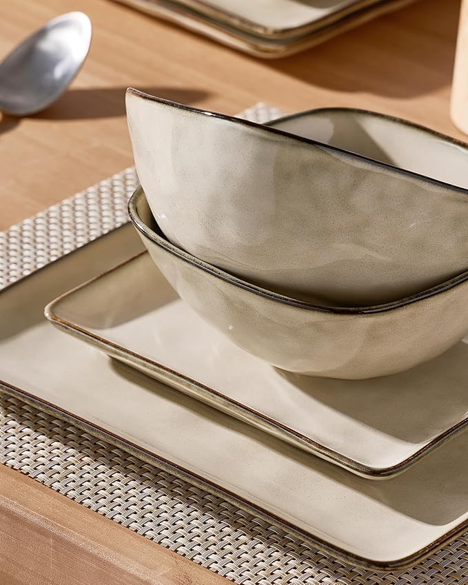 Famiware Dinnerware Sets for 4, Ocean Square 12-Piece Kitchen Plates and Bowls Sets, Microwave and Dishwasher Safe, Scratch Resistant, Light khaki