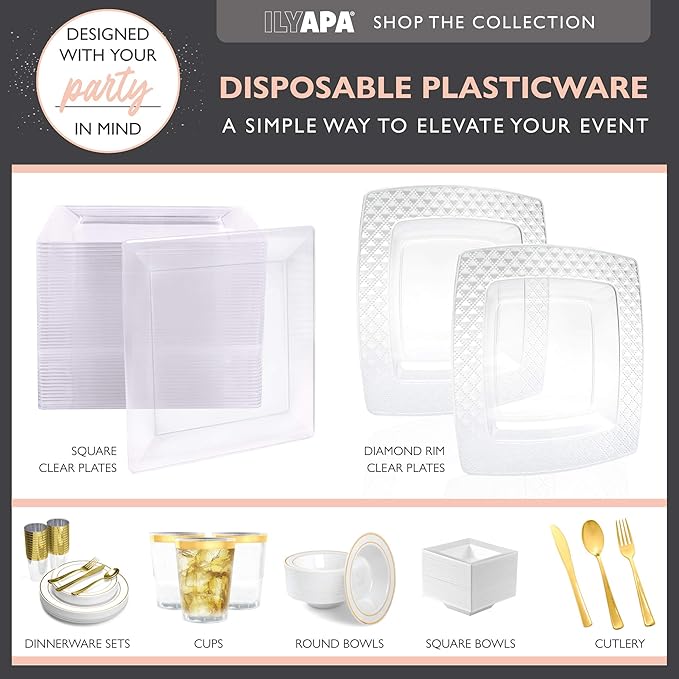 Ilyapa 50 Pack 6 Inch Disposable Dessert Plates, Plastic Party Sets for 50 Guests, Clear Appetizer and Cake Plates 6", Party & Dinner Accessories, Square