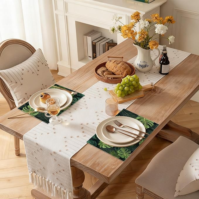 Tropical Leaves Placemats Set of 6, Linen Washable for Christmas, Thanksgiving, Party, and Daily Dining, Decorative Table Mats for 4-6 Person Table