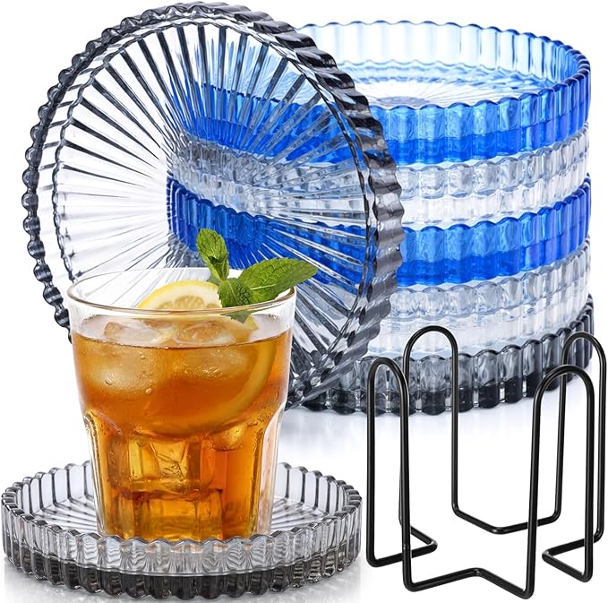 Remerry 6 Pcs Clear Crystal Coaster Set with Holder Glass Coasters for Drinks 4 Inch Drinks Crystal Round Cup Coasters Coffee Table Decor for Office Kitchen Bar Restaurant Patio (Classic Colors)