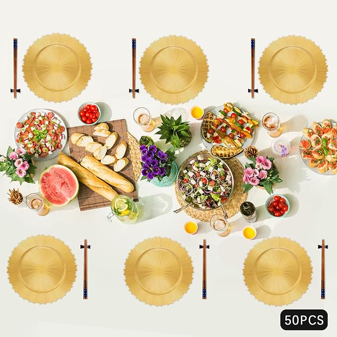 50 Pcs Charger Plates Set, Round Charger Plates, Reusable Serving Plates Embossed Rim Plastic Chargers Plate Decorative Round Plate Chargers for Dinner Plate Table Wedding Shower Decoration