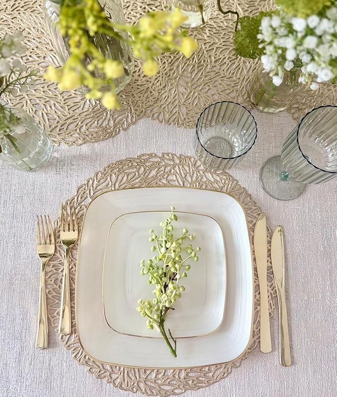 " OCCASIONS " 240 Pieces Pack,(120 Guests) Premium Wedding Party Disposable Plastic Plates Set -120 x 10'' Dinner + 120 x 7'' Salad/Dessert (Belize Square in Ivory & Gold)