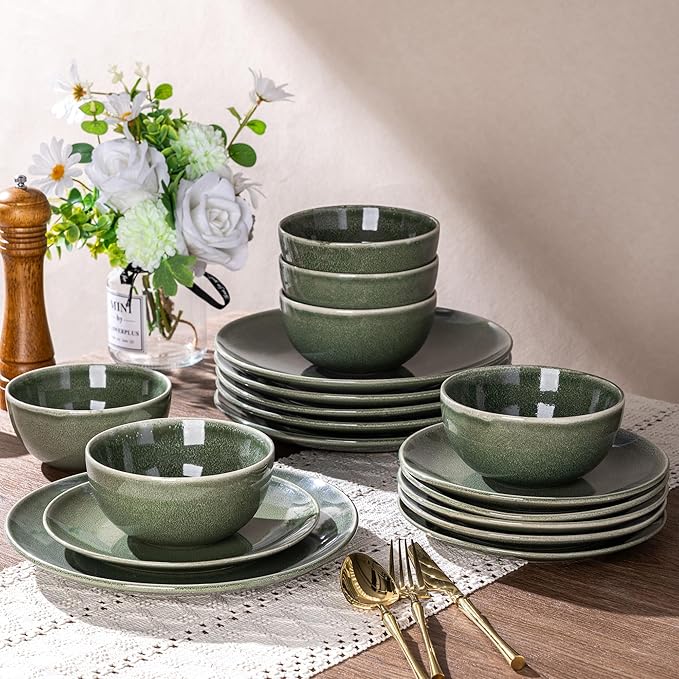 AmorArc Ceramic Dinnerware Sets for 6, 18 Pieces Handpainted Plates and Bowls Set, Scratch Resistant Stoneware Dishes Set, Dishwasher & Microwave Safe, Jade Green