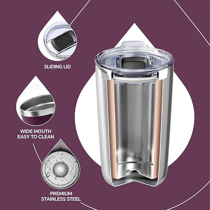 Ideus 20 oz Tumbler, Travel Coffee Mug with Splash Proof Sliding Lid, Double Wall Stainless Steel Vacuum Insulated Coffee Mug for Home and Office, Keep Beverages Hot or Cold, Red Violet